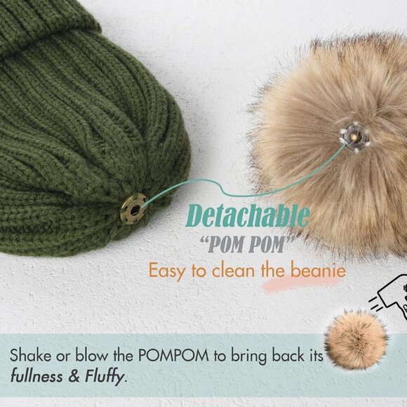 Women\'s Green Winter Beanie Hat Satin Lined Faux Fur Pom Pom Beanies Hat main image 6
